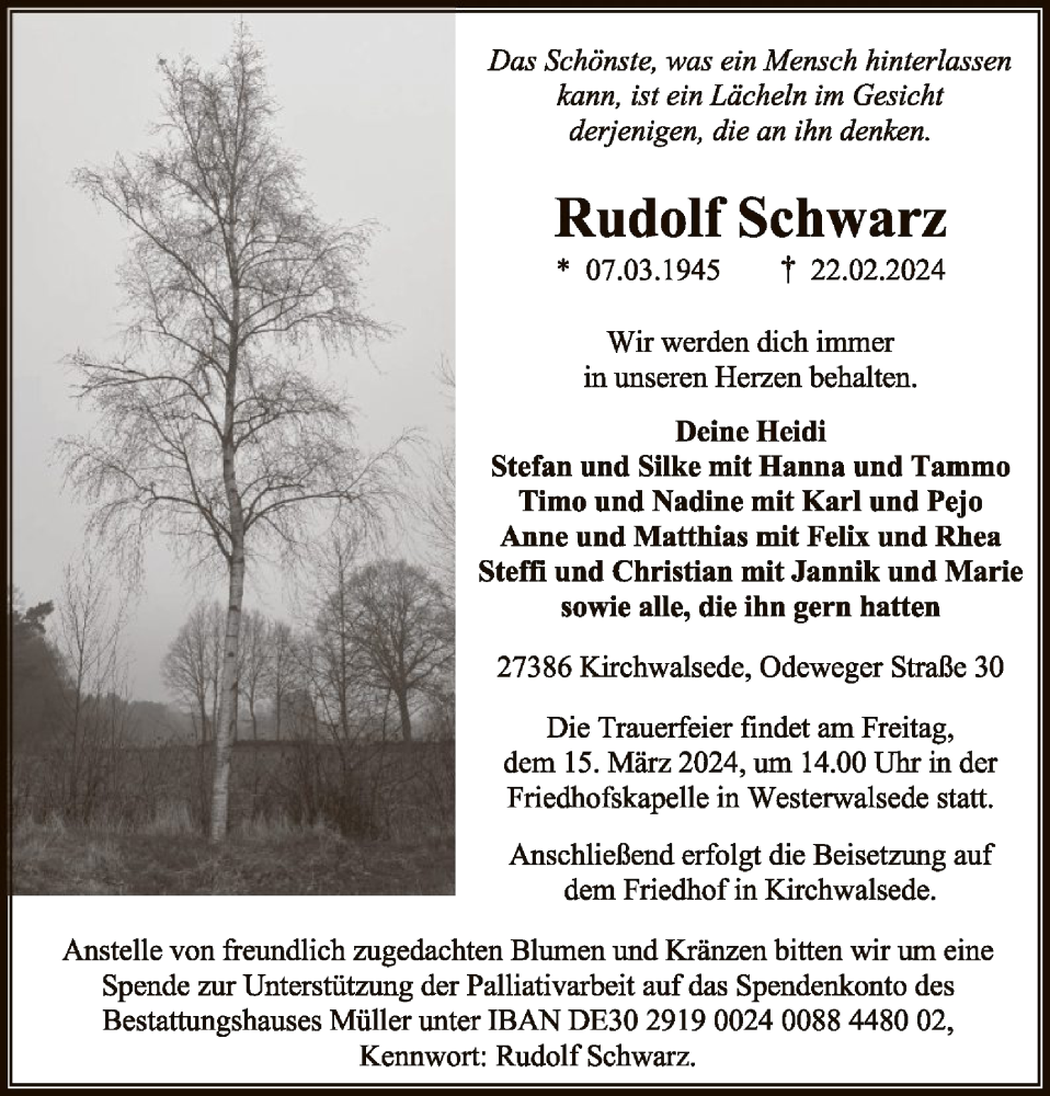  Traueranzeige für Rudolf Schwarz vom 02.03.2024 aus SYK