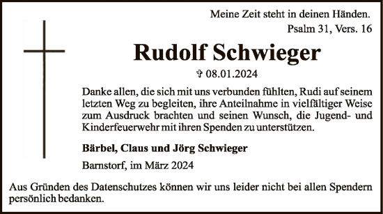 Traueranzeige von Rudolf Schwieger von SYK