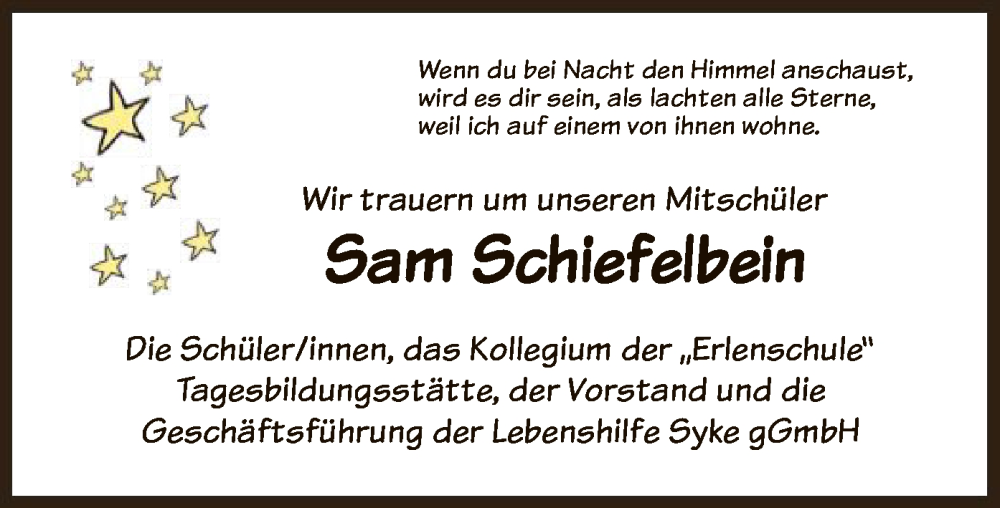  Traueranzeige für Sam Schiefelbein vom 09.03.2024 aus SYK