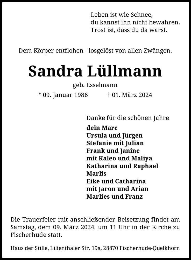  Traueranzeige für Sandra Lüllmann vom 05.03.2024 aus SYK