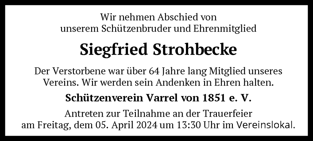  Traueranzeige für Siegfried Strohbecke vom 30.03.2024 aus SYK