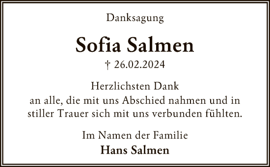 Traueranzeige von Sofia Salmen von SYK