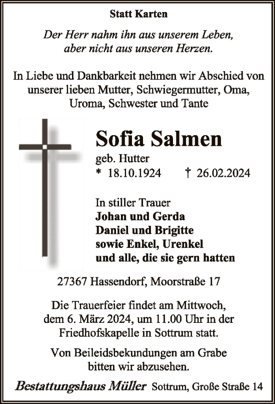 Traueranzeige von Sofia Salmen von SYK