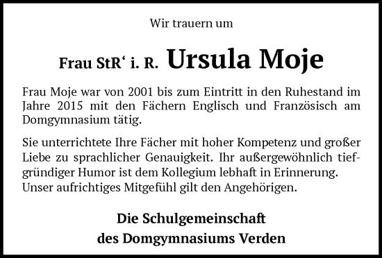 Traueranzeige von Ursula Moje von SYK