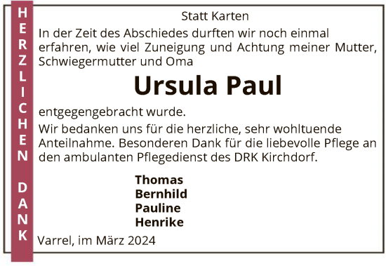 Traueranzeige von Ursula Paul von SYK