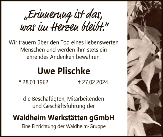 Traueranzeige von Uwe Plischke von SYK