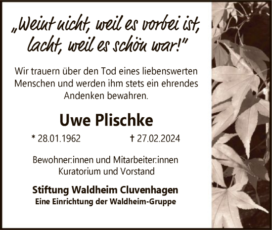 Traueranzeige von Uwe Plischke von SYK