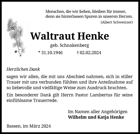 Traueranzeige von Waltraut Henke von SYK