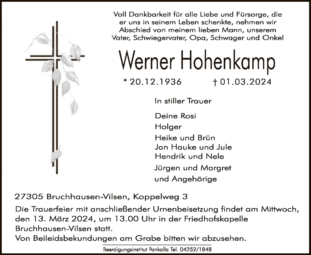  Traueranzeige für Werner Hohenkamp vom 08.03.2024 aus SYK