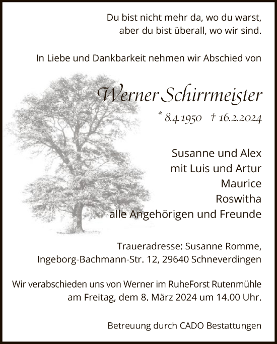 Traueranzeige von Werner Schirrmeister von SYK