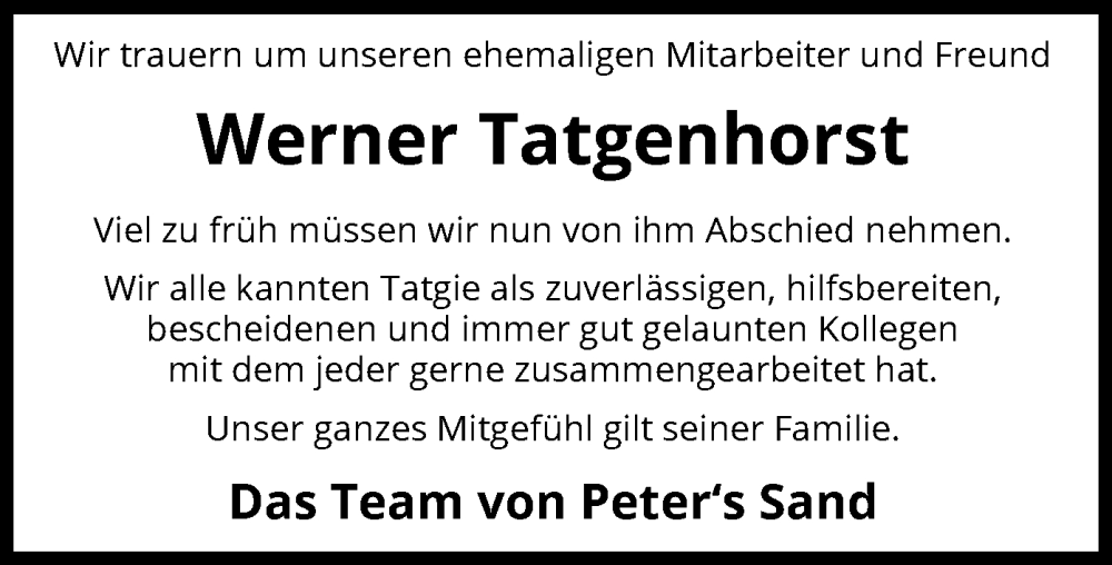  Traueranzeige für Werner Tatgenhorst vom 16.03.2024 aus SYK