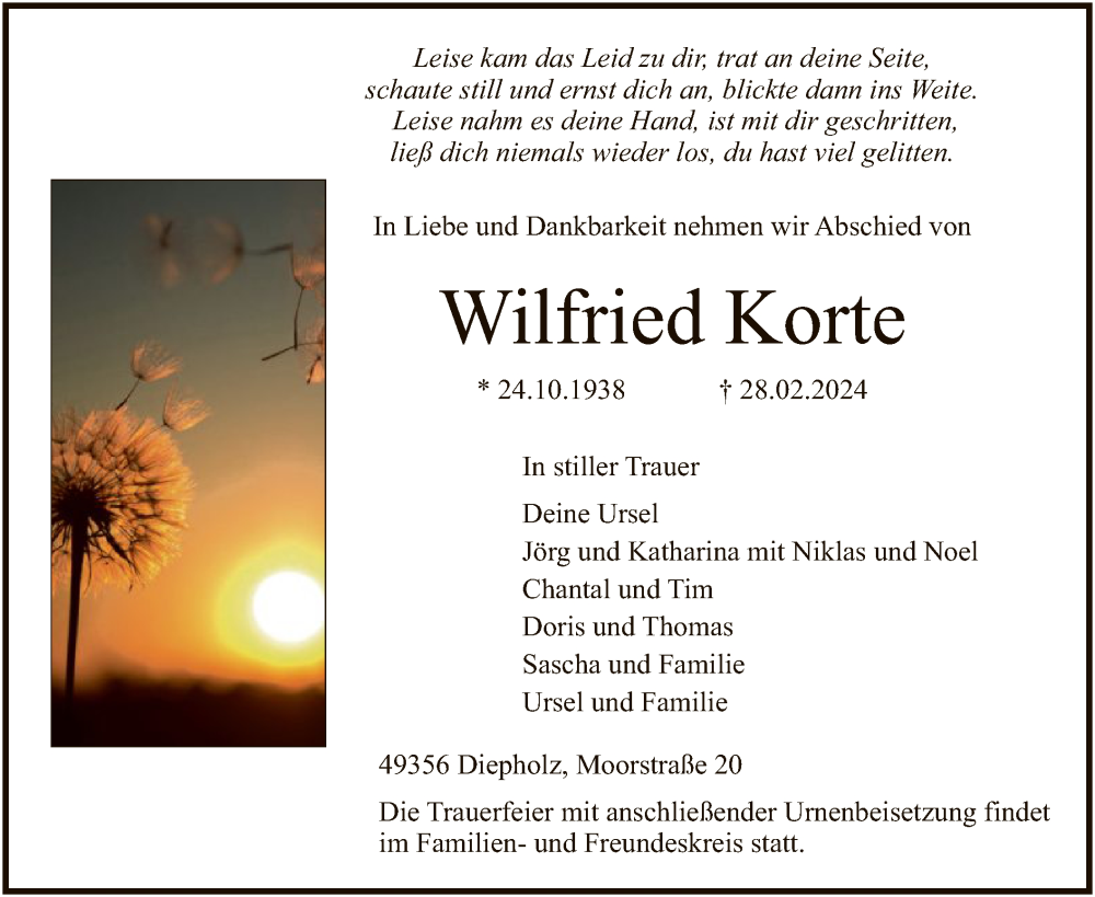  Traueranzeige für Wilfried Korte vom 02.03.2024 aus SYK