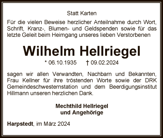 Traueranzeige von Wilhelm Hellriegel von SYKSYK