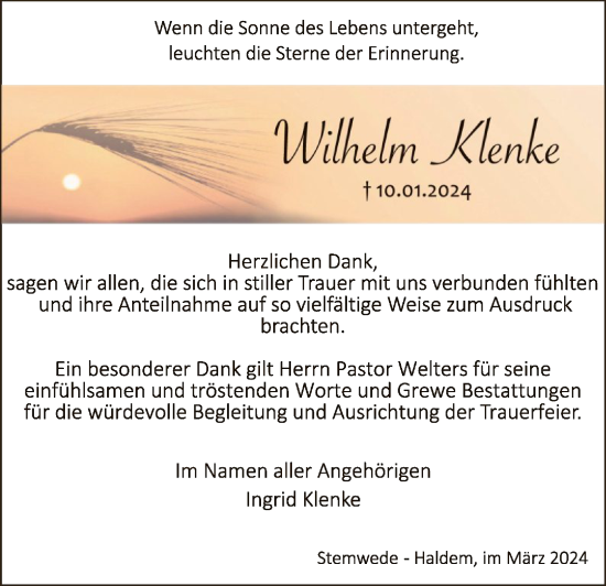 Traueranzeige von Wilhelm Klenke von SYK
