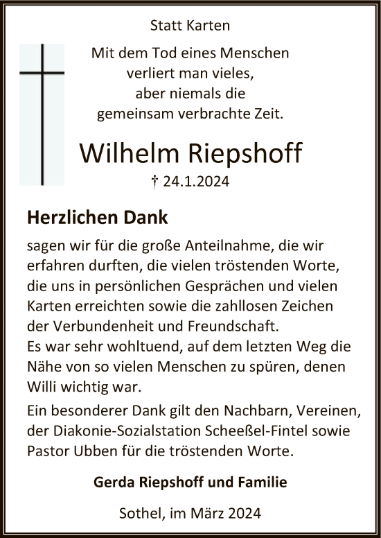 Traueranzeige von Wilhelm Riepshoff von SYK