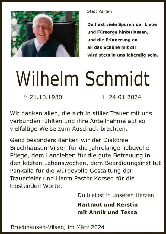 Traueranzeige von Wilhelm Schmidt von SYK