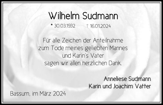 Traueranzeige von Wilhelm Sudmann von SYK