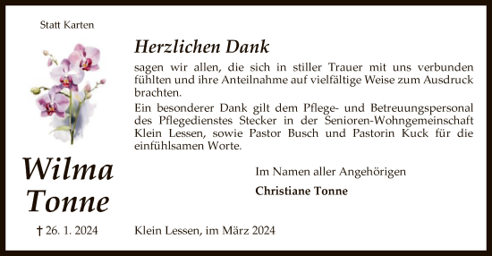 Traueranzeige von Wilma Tonne von SYK