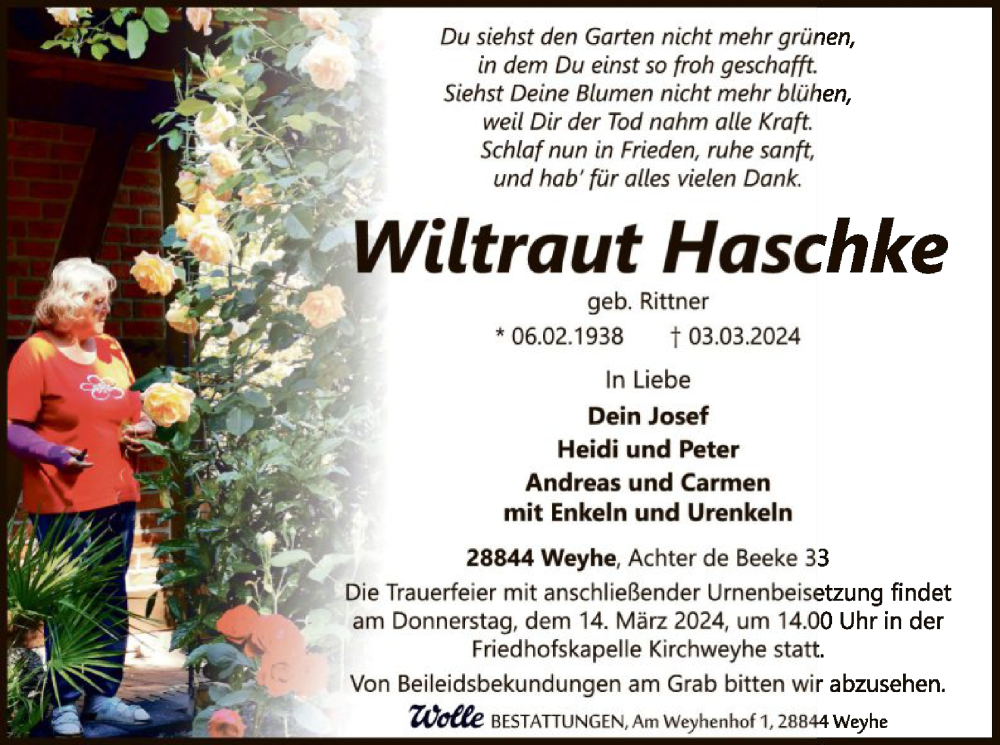  Traueranzeige für Wiltraut Haschke vom 09.03.2024 aus SYK