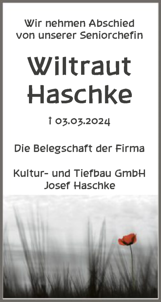 Traueranzeige für Wiltraut Haschke vom 09.03.2024 aus SYK