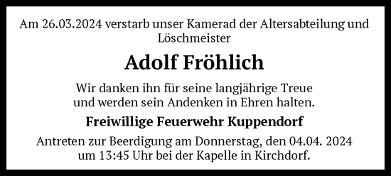 Traueranzeige von Adolf Fröhlich von SYK