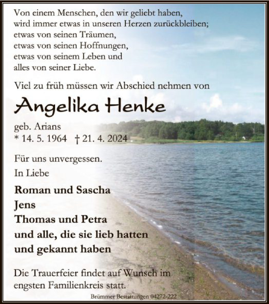  Traueranzeige für Angelika Henke vom 27.04.2024 aus SYK