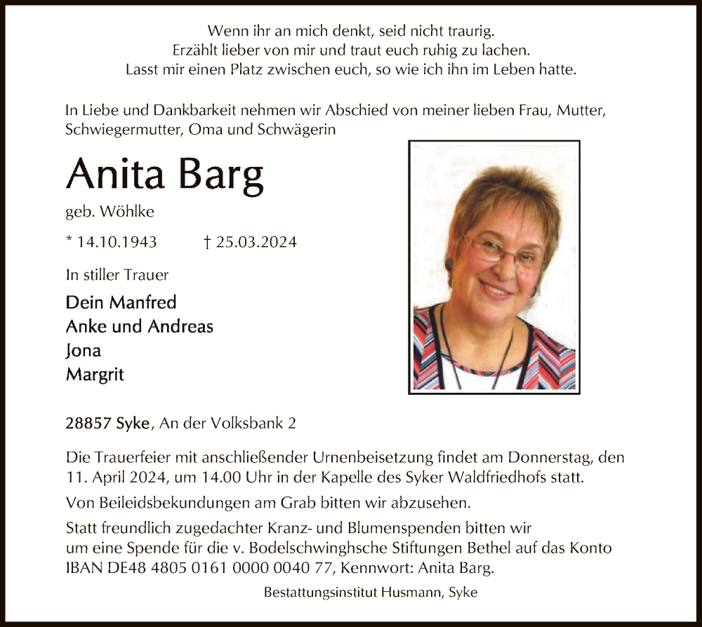  Traueranzeige für Anita Barg vom 06.04.2024 aus SYK