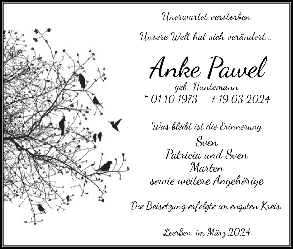  Traueranzeige für Anke Pawel vom 13.04.2024 aus SYK