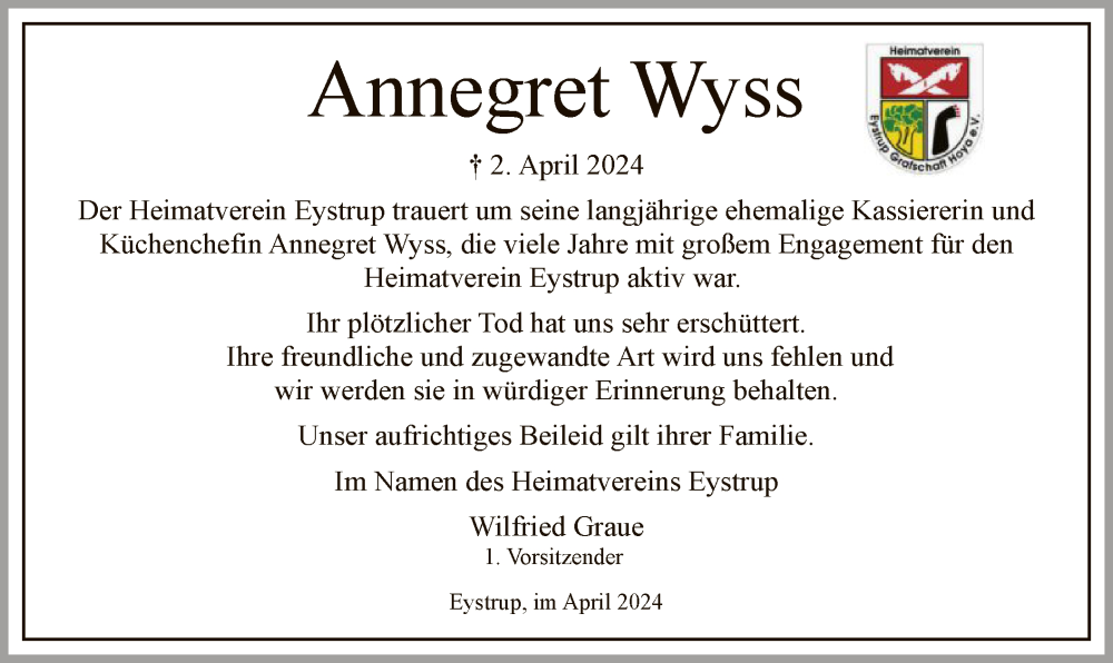  Traueranzeige für Annegret Wyss vom 06.04.2024 aus SYK