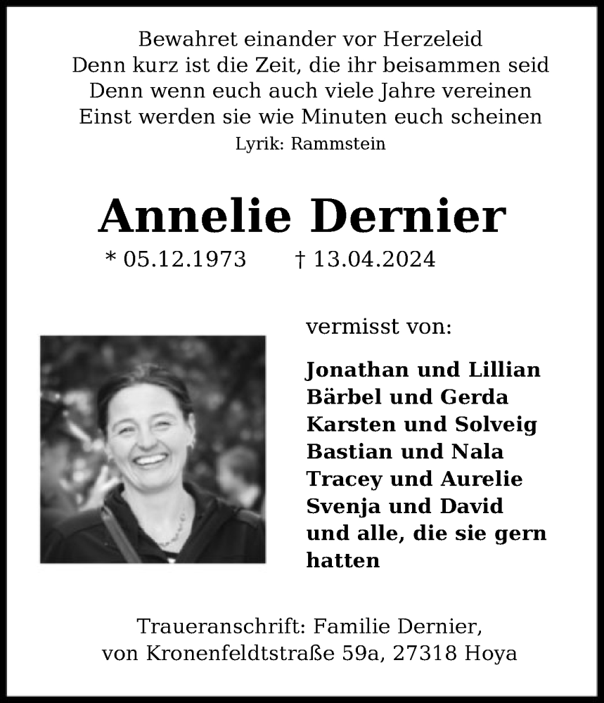  Traueranzeige für Annelie Dernier vom 16.04.2024 aus SYK