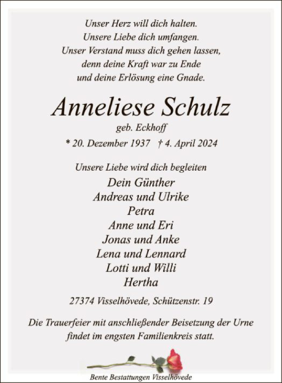 Traueranzeige von Anneliese Schulz von SYK