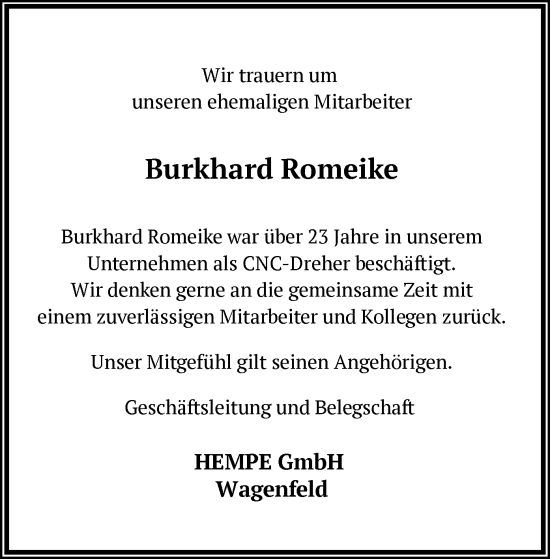 Traueranzeige von Burkhard Romeike von SYK