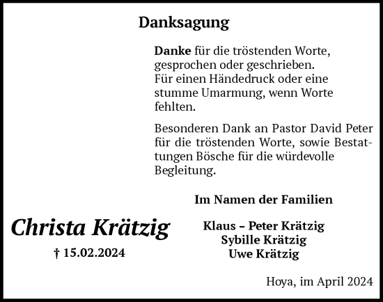 Traueranzeige von Christa Krätzig von SYK