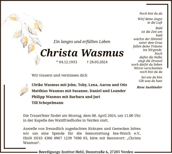 Traueranzeige von Christa Wasmus von SYK