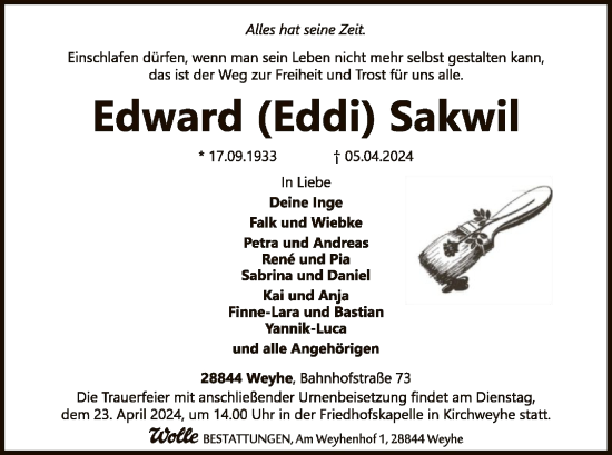 Traueranzeige von Edward Sakwil von SYK