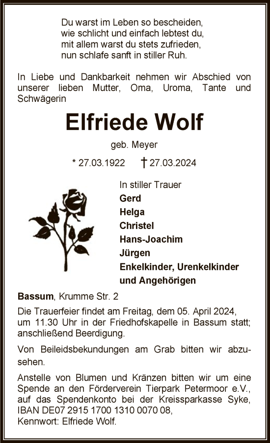 Traueranzeige von Elfriede Wolf von SYK