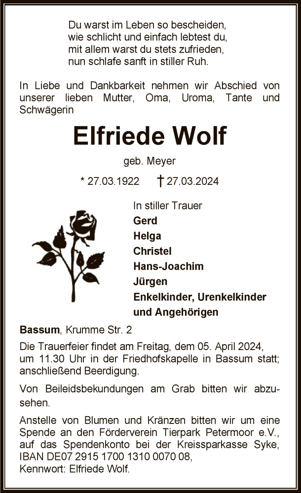  Traueranzeige für Elfriede Wolf vom 03.04.2024 aus SYK