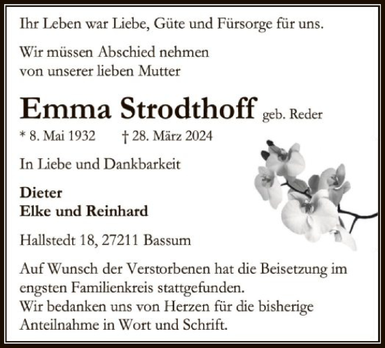 Traueranzeige von Emma Strodthoff von SYK