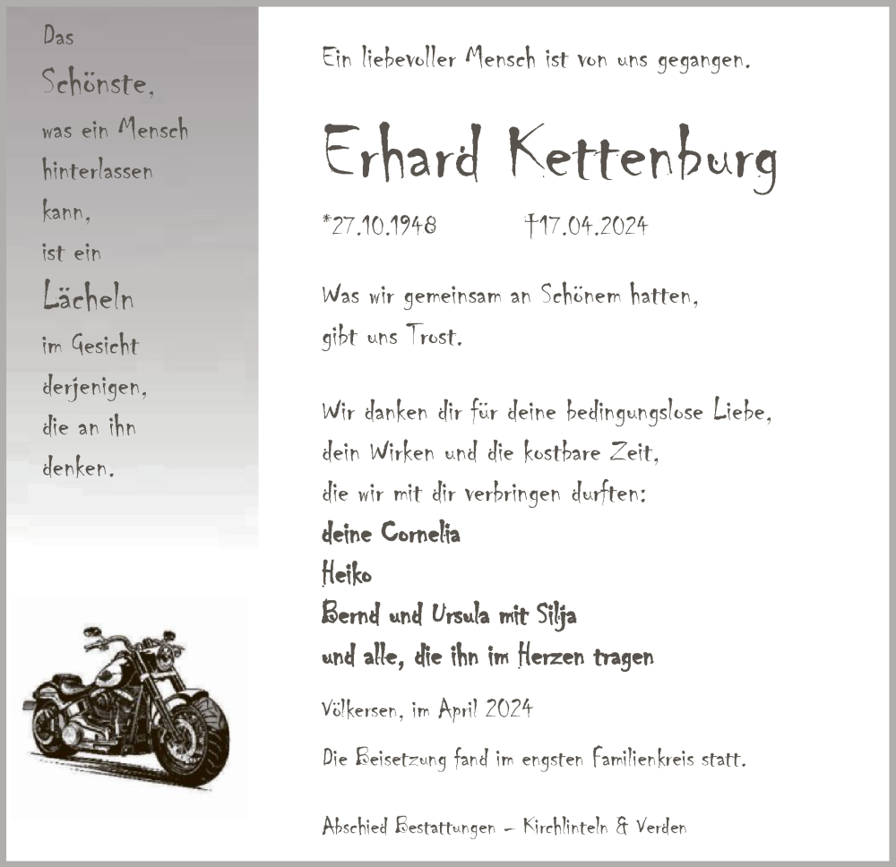  Traueranzeige für Erhard Kettenburg vom 27.04.2024 aus SYK