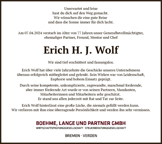 Traueranzeige von Erich H. J. Wolf von SYKSYK