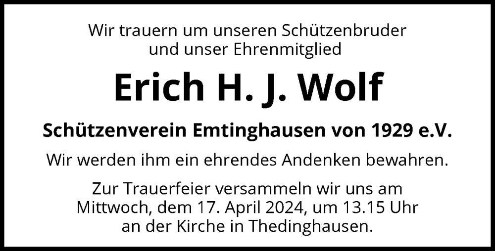 Traueranzeige für Erich H. J. Wolf vom 13.04.2024 aus SYK