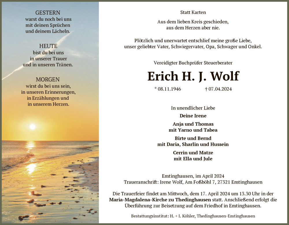  Traueranzeige für Erich H. J. Wolf vom 13.04.2024 aus SYKSYK