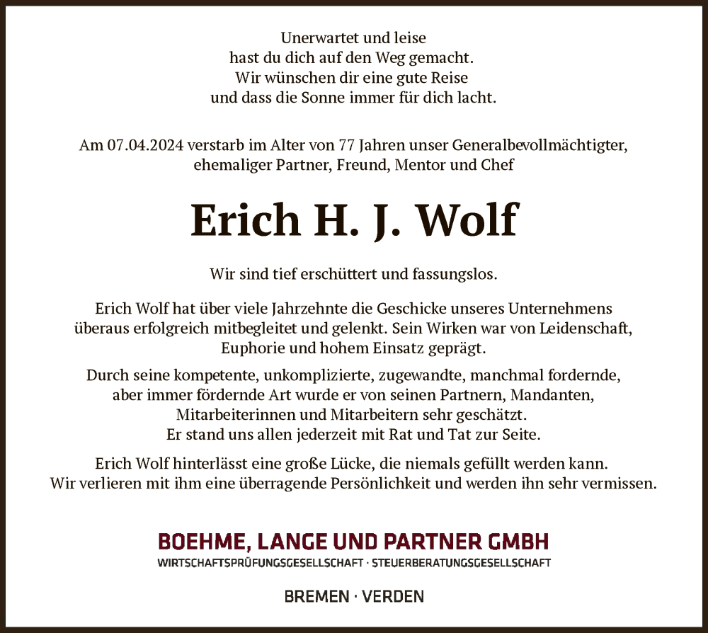  Traueranzeige für Erich H. J. Wolf vom 13.04.2024 aus SYKSYK