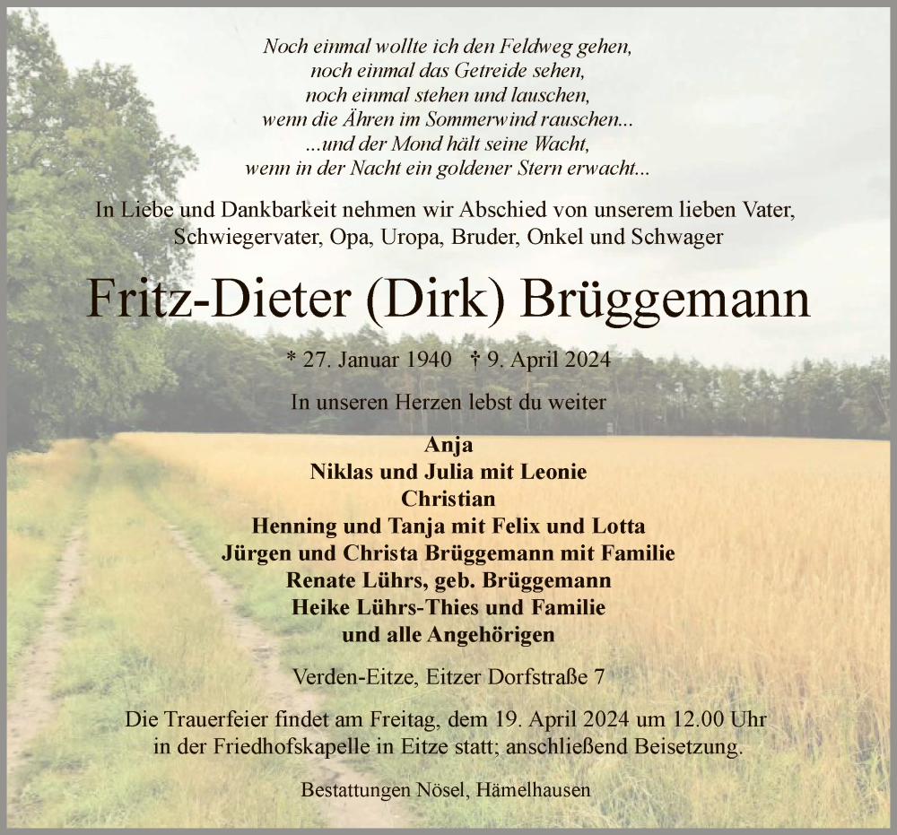  Traueranzeige für Fritz-Dieter Brüggemann vom 16.04.2024 aus SYK