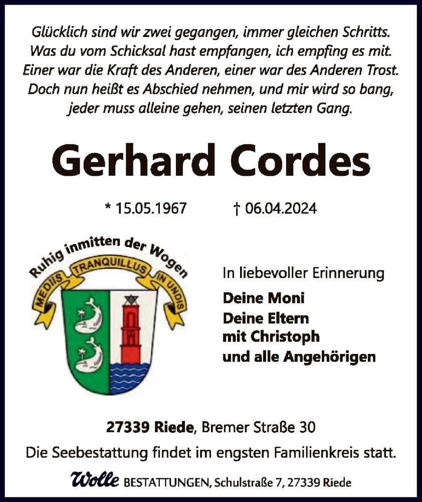  Traueranzeige für Gerhard Cordes vom 13.04.2024 aus SYK