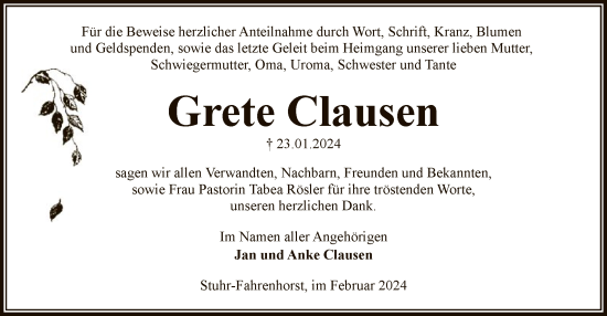 Traueranzeige von Grete Clausen von SYK