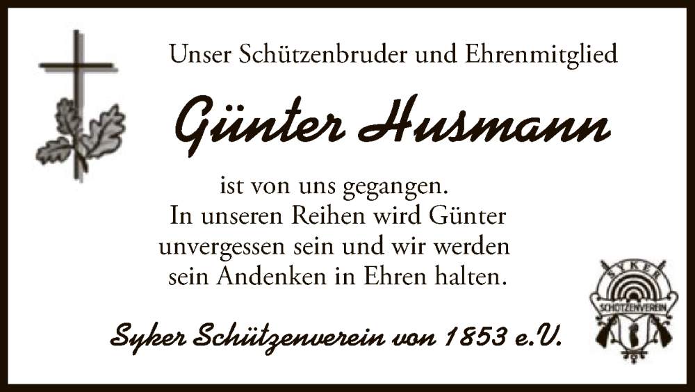  Traueranzeige für Günter Husmann vom 27.04.2024 aus SYK