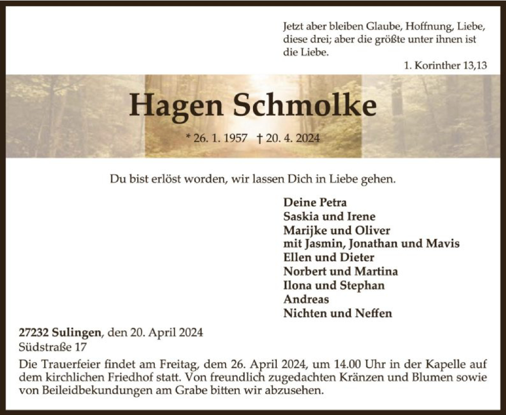  Traueranzeige für Hagen Schmolke vom 24.04.2024 aus SYK