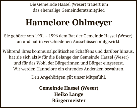 Traueranzeige von Hannelore Ohlmeyer von SYK