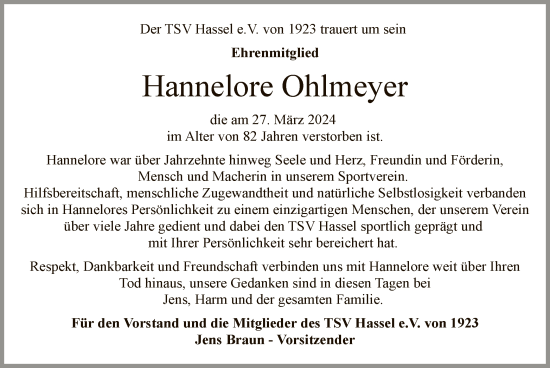 Traueranzeige von Hannelore Ohlmeyer von SYK